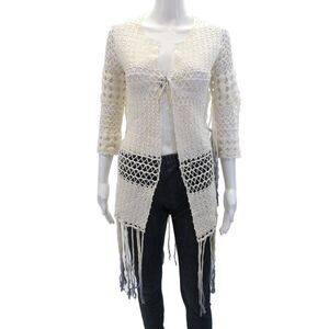 Lisa Maree Womens 3/4 Sleeve Open-Knit Tasseled Cardigan Sweater White Size XS